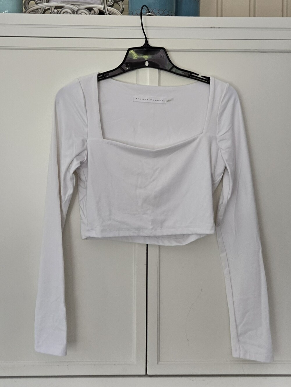 Susana Monaco White Square-Neck Long Sleeve Crop Top